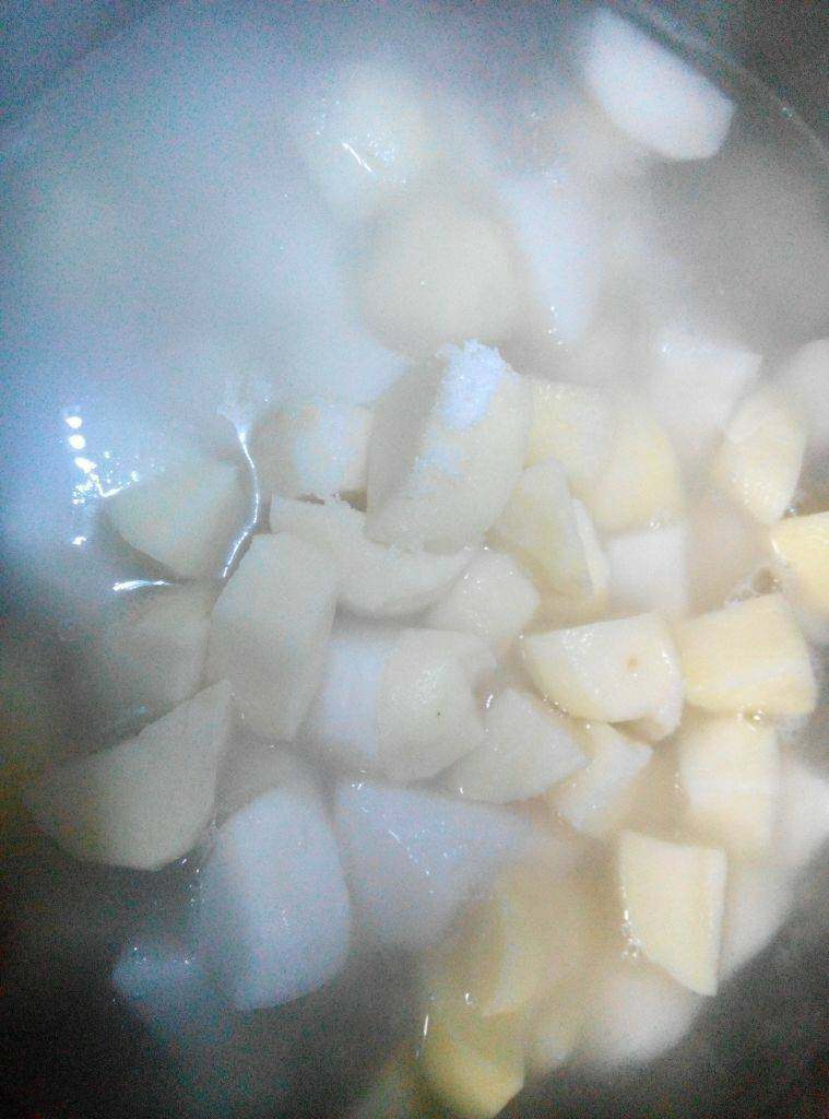 排骨炖萝卜土豆汤,倒入骨头汤内，调入适量盐，大火煮20分钟