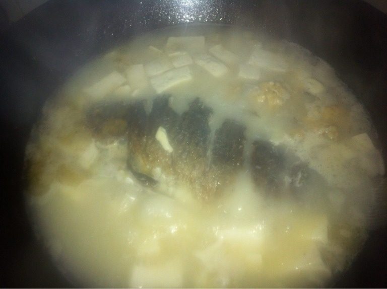 鲫鱼豆腐汤,5，第2面煎的差不多后加4.5碗水，大火到汤变白后放入切方块的嫩豆腐鱼泡，加适量的盐中火炖。