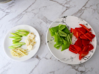 红烧草鱼块,青椒和红椒去籽洗净切成小块，葱切段，姜切丝，蒜切片