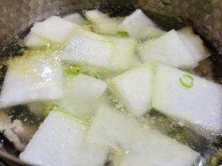 冬瓜瘦肉汤,水开后放入切好的冬瓜片继续煮至冬瓜完全熟透即可。