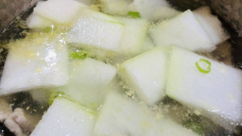 冬瓜瘦肉汤,水开后放入切好的冬瓜片继续煮至冬瓜完全熟透即可。