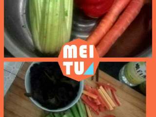 泡椒鸡爪,准备配菜，胡萝卜和芹菜切段，木耳泡发切小，红椒切滚刀块