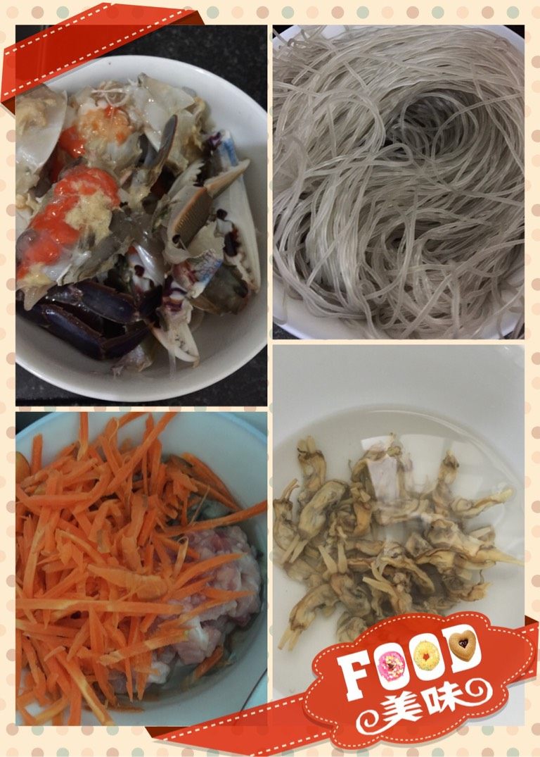 梭子蟹焖红薯粉,材料如图准备好