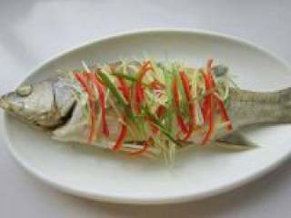 清蒸鲈鱼,捡去葱姜倒掉蒸鱼水，撒上泡过水的葱、姜、红辣椒丝