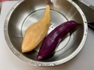 芒果芋圆烧仙草,红薯紫薯削皮洗净