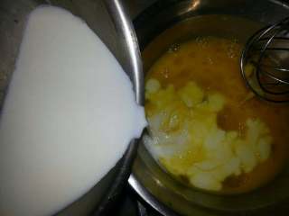 焦糖布丁（简单版）,然后将温热的牛奶倒入蛋液中。均匀混合