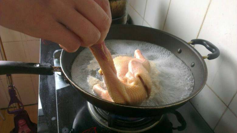 自制(白切鸡),煮锅放到火上加清水大火烧开，提起鸡头将鸡身放入水中浸烫，3秒钟提起，反复三次；