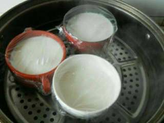 自制 老北京奶酪,小碗包上保鲜膜用牙签扎一些小洞，蒸锅水烧开放入小碗蒸20分钟。