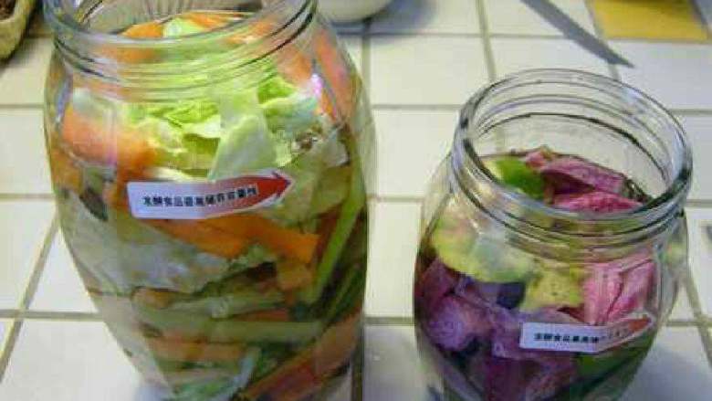 四川泡菜,加入洗净晾干以后的新鲜蔬菜，将其浸没在盐水中。