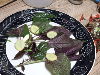紫苏蒸鱼头,在盘底铺一层紫苏和葱姜蒜