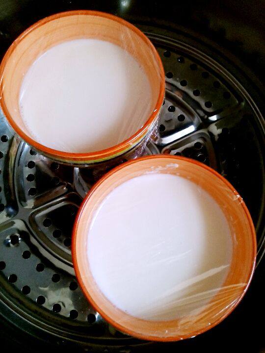双皮奶,奶锅中的奶，小心的注入小碗中，用保鲜膜封号碗口。