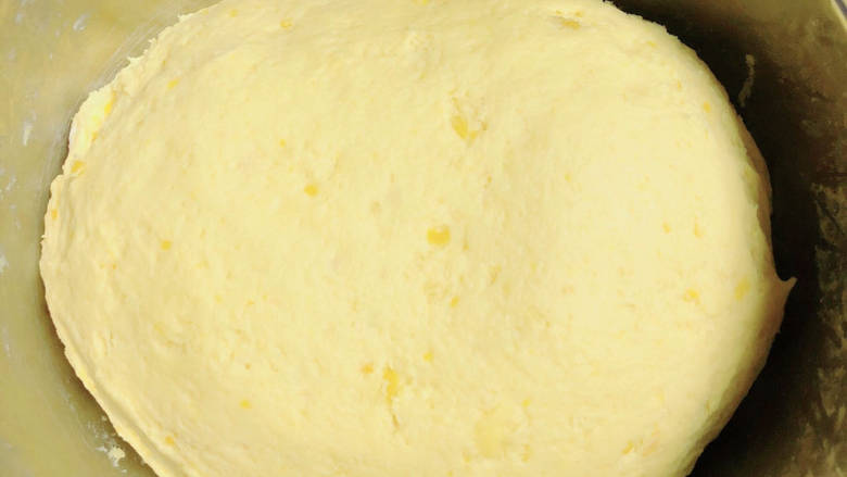 田园南瓜饼,将面团揉均匀，面团颜色变成奶黄色。面大概揉10分钟，盖上保鲜膜自然常温发酵60分钟。