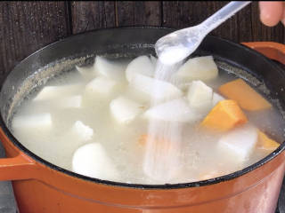 南瓜萝卜汤,半小时后，打开锅盖，放入南瓜、萝卜、盐，煮沸后继续煮至南瓜熟软