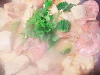 虾仁豆腐煲,撒上香菜末即可出锅了。