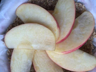 苹果燕麦派,苹果片铺在烤好的燕麦上。