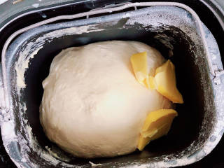 淡奶油小餐包,面包机选择揉面功能，将面团揉至光滑即可。加入黄油，继续揉面。