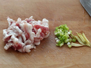 五花肉炖白菜,五花肉洗净后切薄片，姜切成小片，切葱花备用。